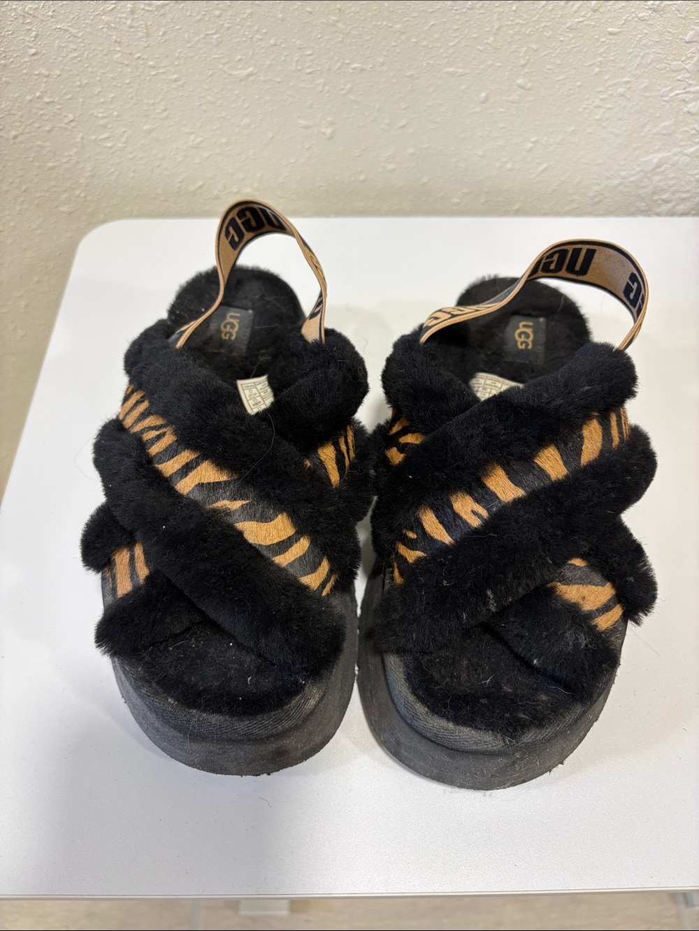 UGG Black & Tan Zebra Fuzz Slide Sandals